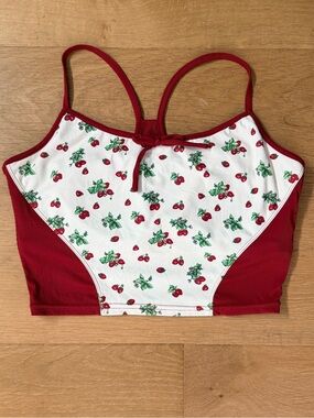 Lacemade Strawberry Print Coquette Bow Front Cami Bikini Top Red White L